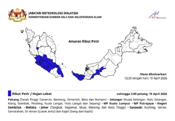 Ribut petir, hujan lebat di KL, Putrajaya dan enam negeri hingga 3 petang